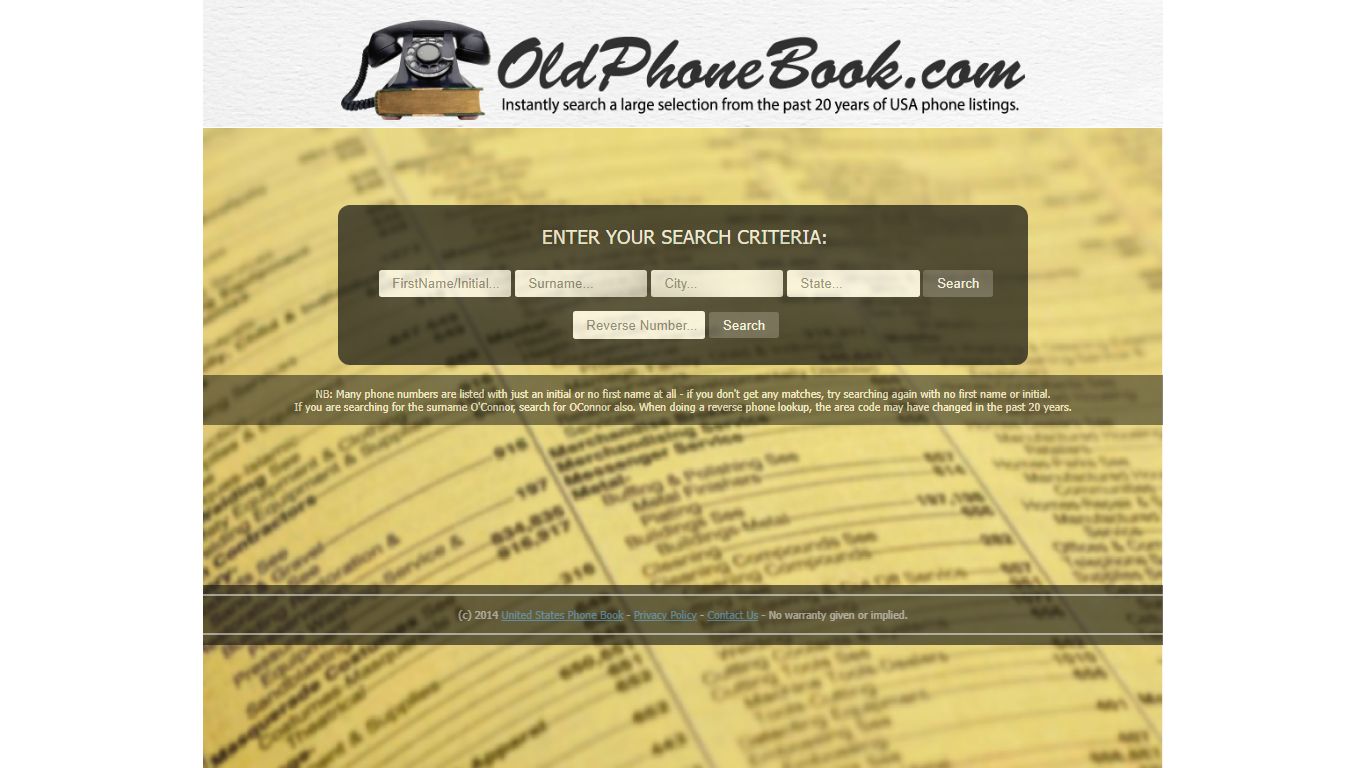 Old Phone Book .com - Historical Phonebook search by name or number